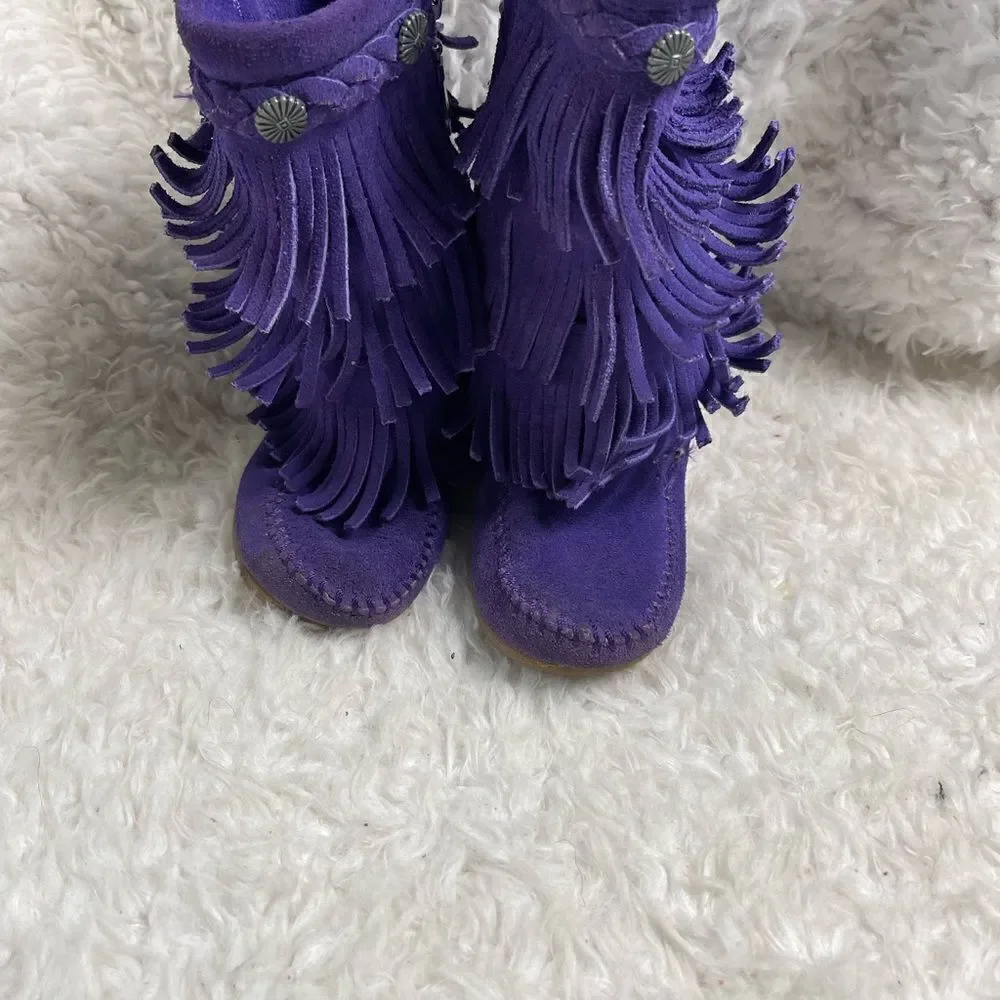 Minnetonka little girl leather suede purple fringe layers knee high boots SZ9